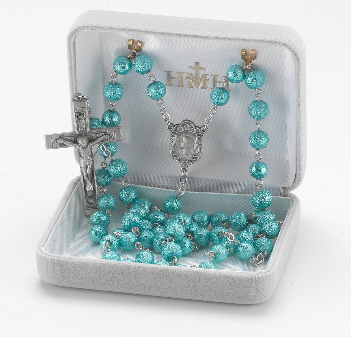 7mm Round Aqua Lava Bead New England pewter rosary with center and cruxifix (74/184)-Bxd