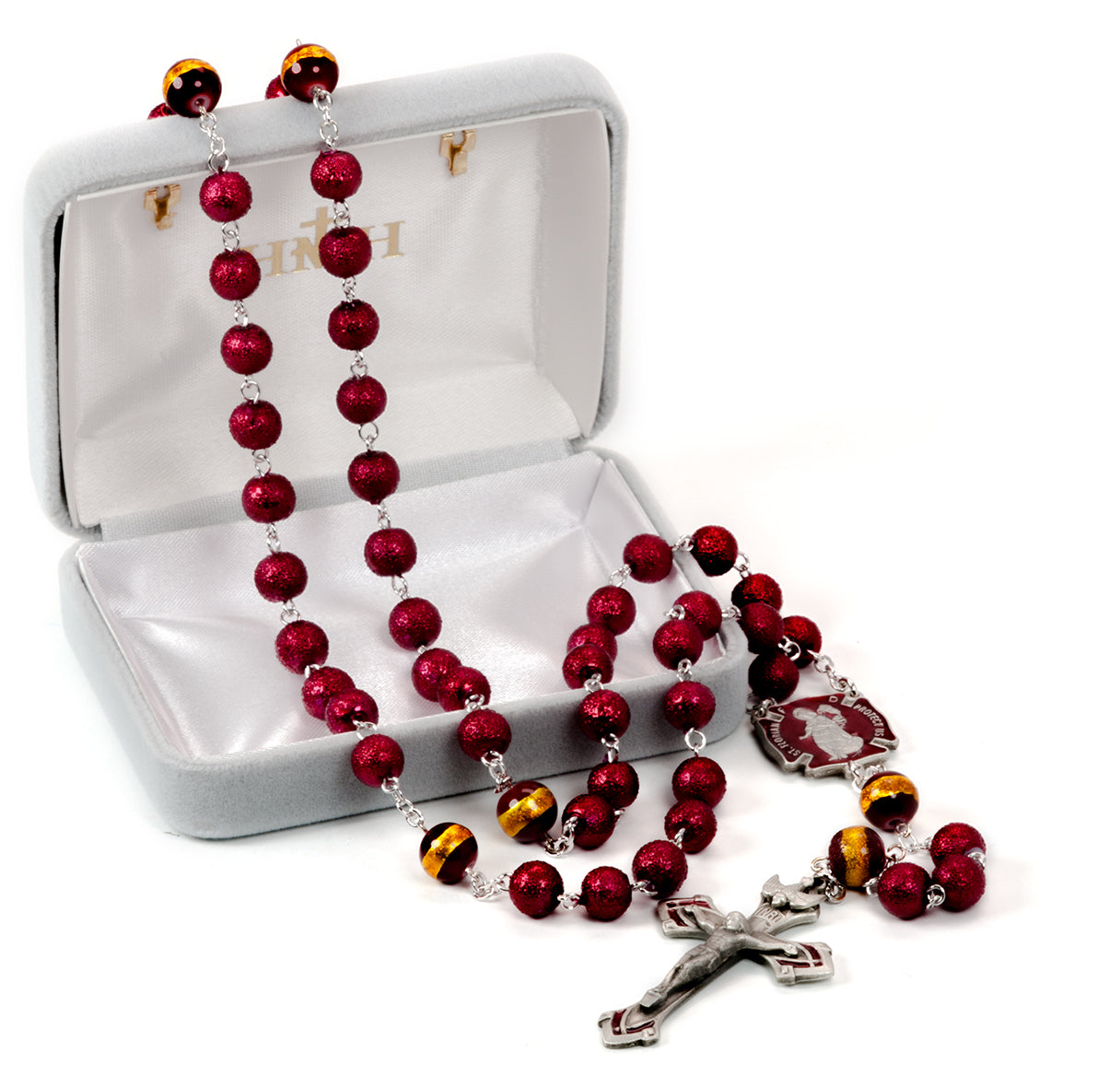 6mm Red Lava Bead Saint Florian Firefighter with New England Pewter Crucifix and Center