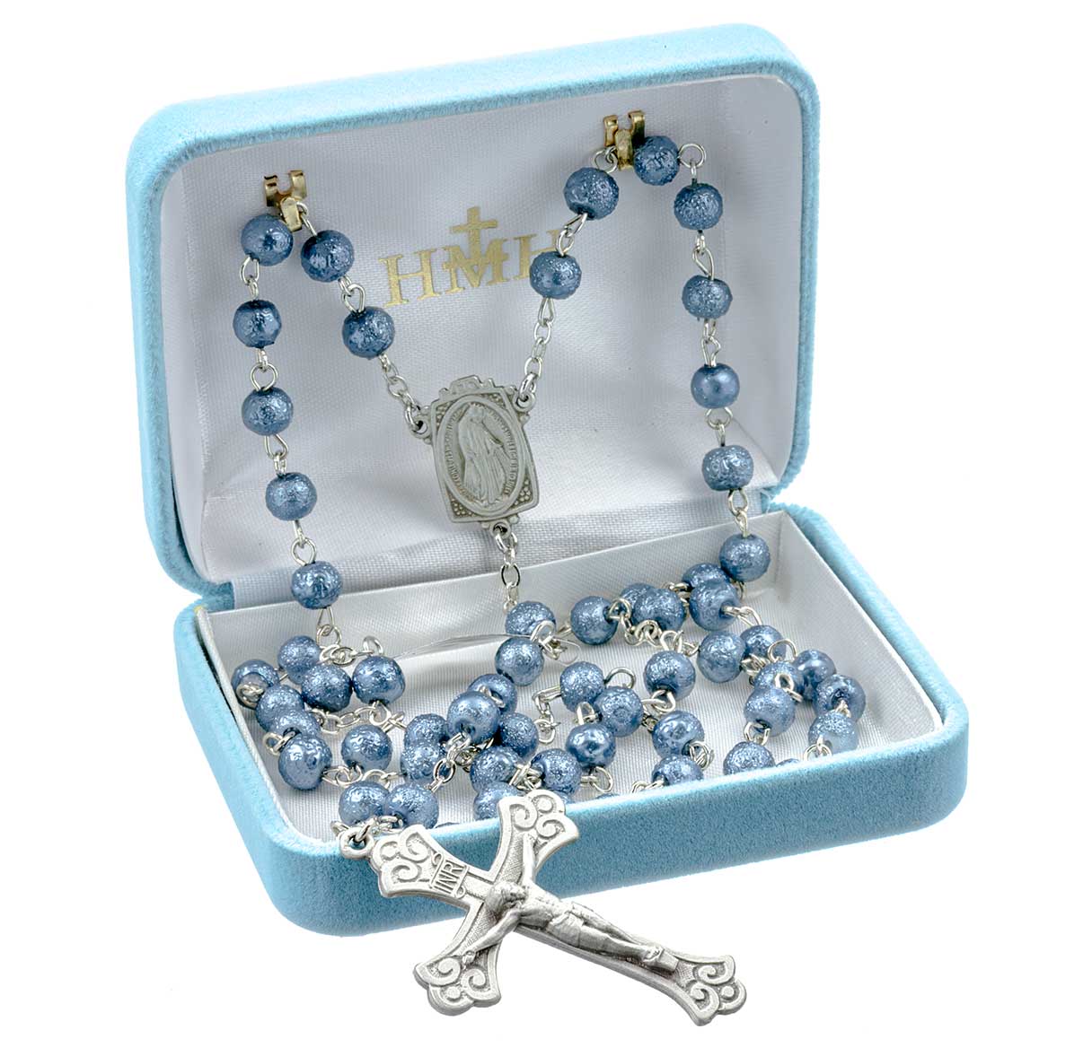 7mm Round Midnight Blue Lava Bead New England pewter rosary with center and crucifix (318/160)-Bxd