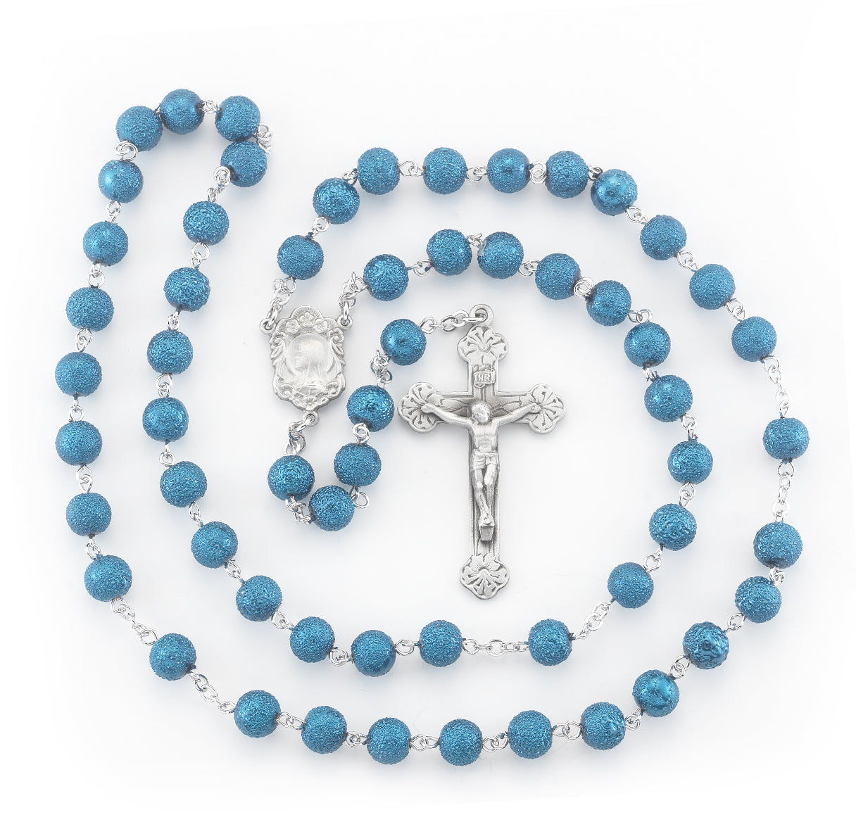 7mm Round Midnight Blue Lava Bead New England pewter rosary with center and crucifix (318/160)-Bxd