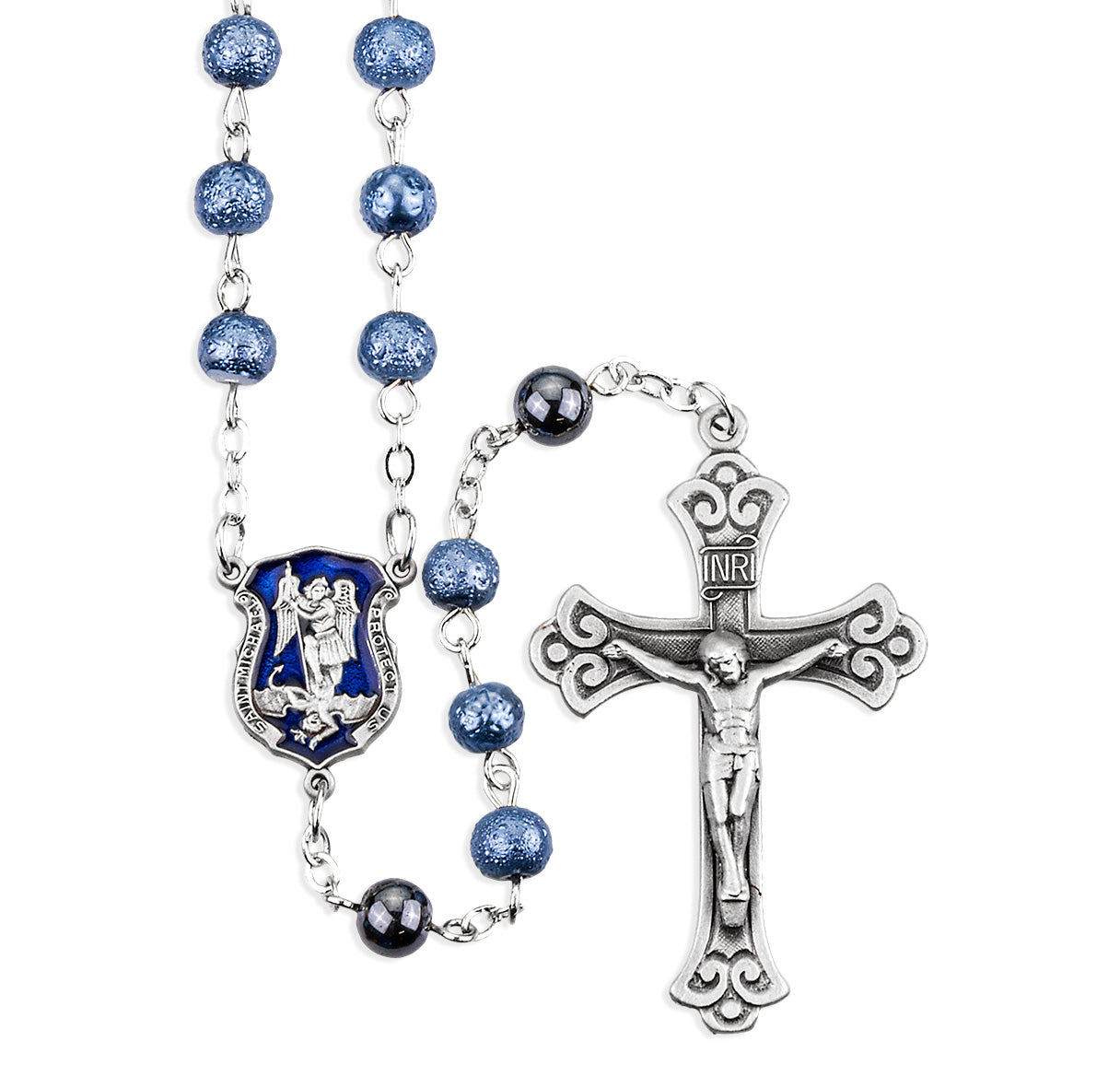 Police St Michael 6mm Blue Lava Bead Rosary With Genuine Pewter Cfx & Ctr-Bxd (P604BL/P160)