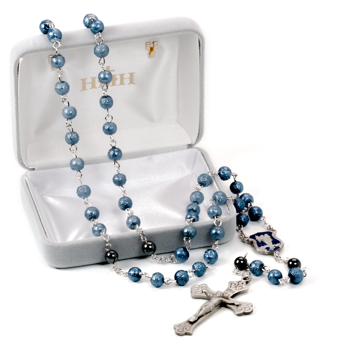 Police St Michael 6mm Blue Lava Bead Rosary With Genuine Pewter Cfx & Ctr-Bxd (P604BL/P160)