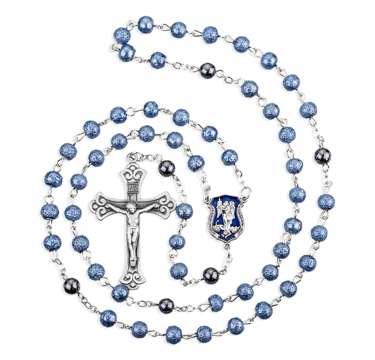 Police St Michael 6mm Blue Lava Bead Rosary With Genuine Pewter Cfx & Ctr-Bxd (P604BL/P160)