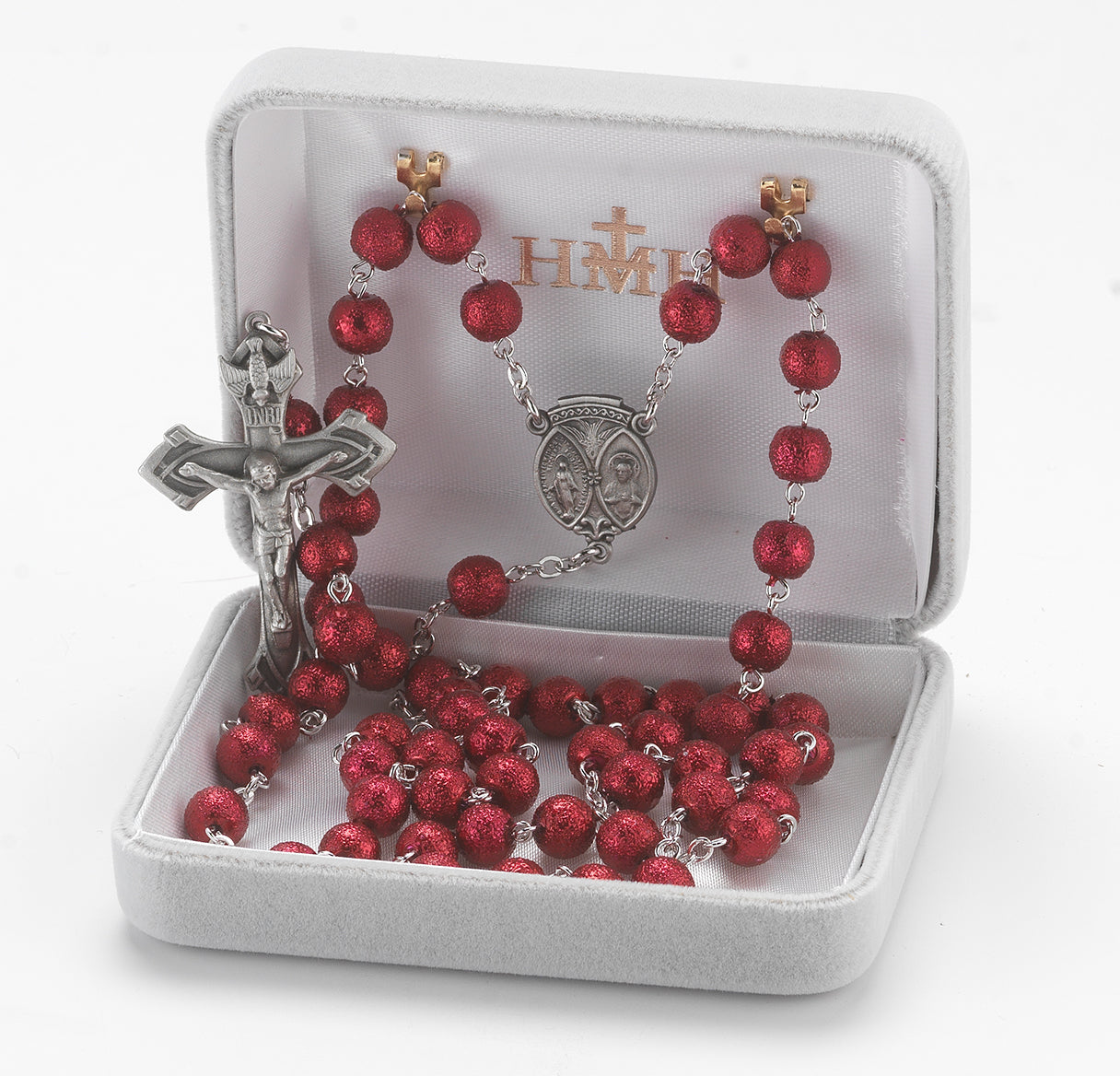 7mm round red lava bead New England pewter rosary with center and crucifix ( 33/163)-Bxd