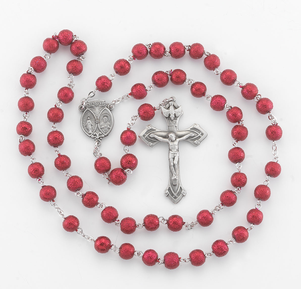 7mm round red lava bead New England pewter rosary with center and crucifix ( 33/163)-Bxd