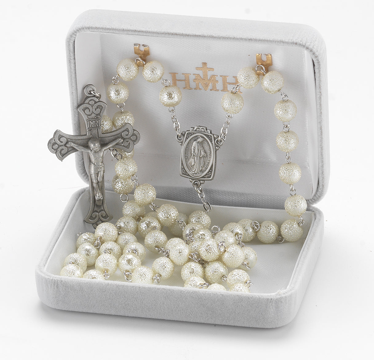 7mm Round white lava bead New England pewter rosary with center and crucifix (318/160)-Bxd
