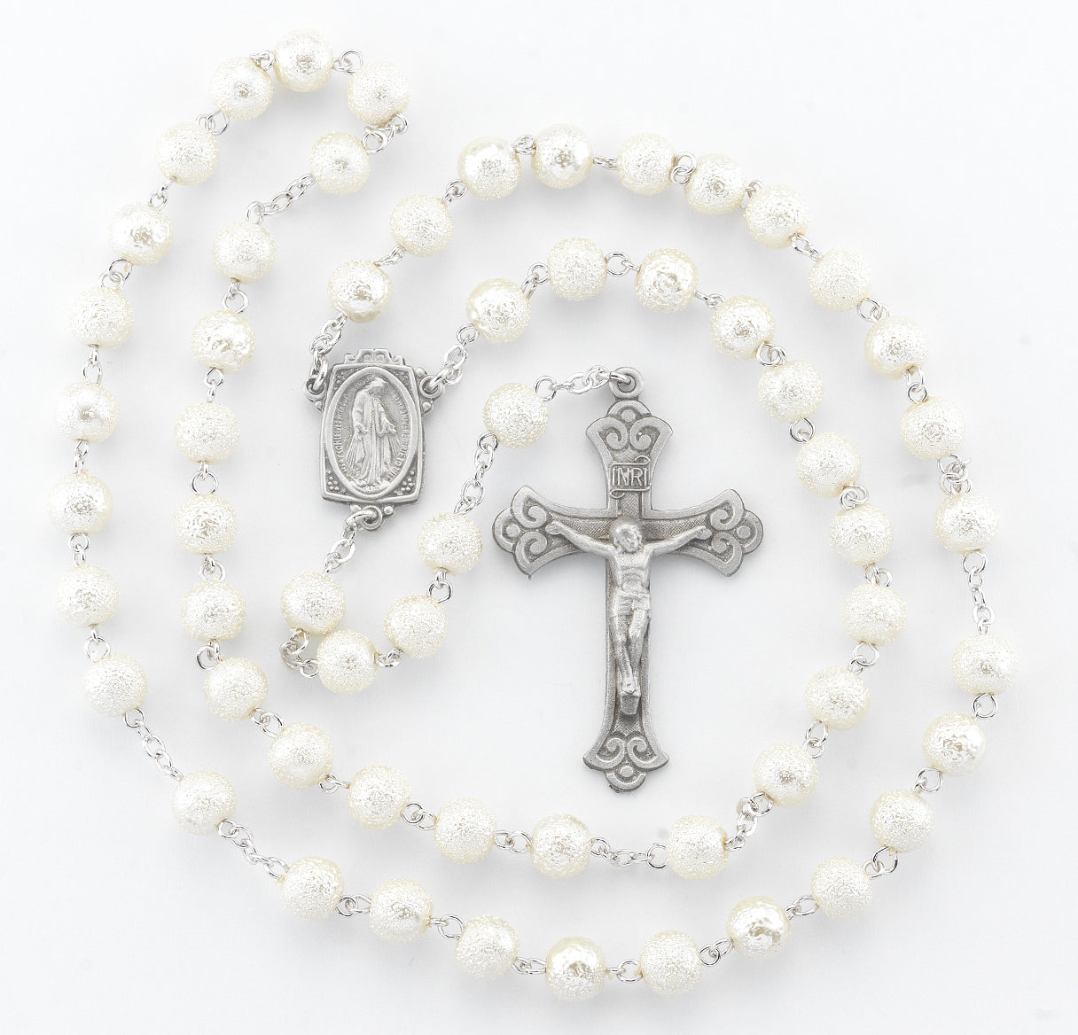 7mm Round white lava bead New England pewter rosary with center and crucifix (318/160)-Bxd