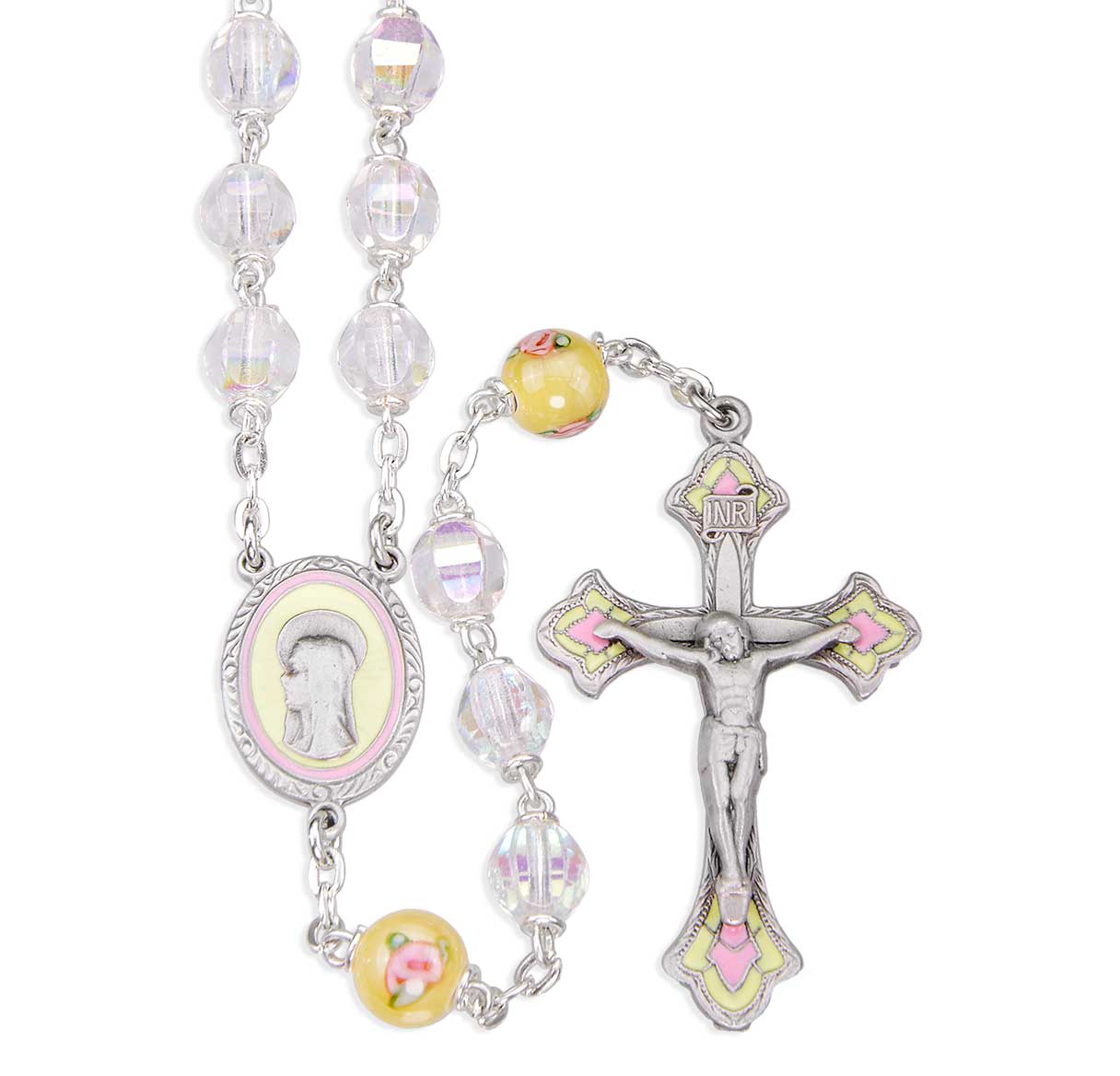7mm Czech Crystal Aurora Bead Rosary with Yellow flower Glass O.F. Beads & Genuine Pewter Ctr & Cfx