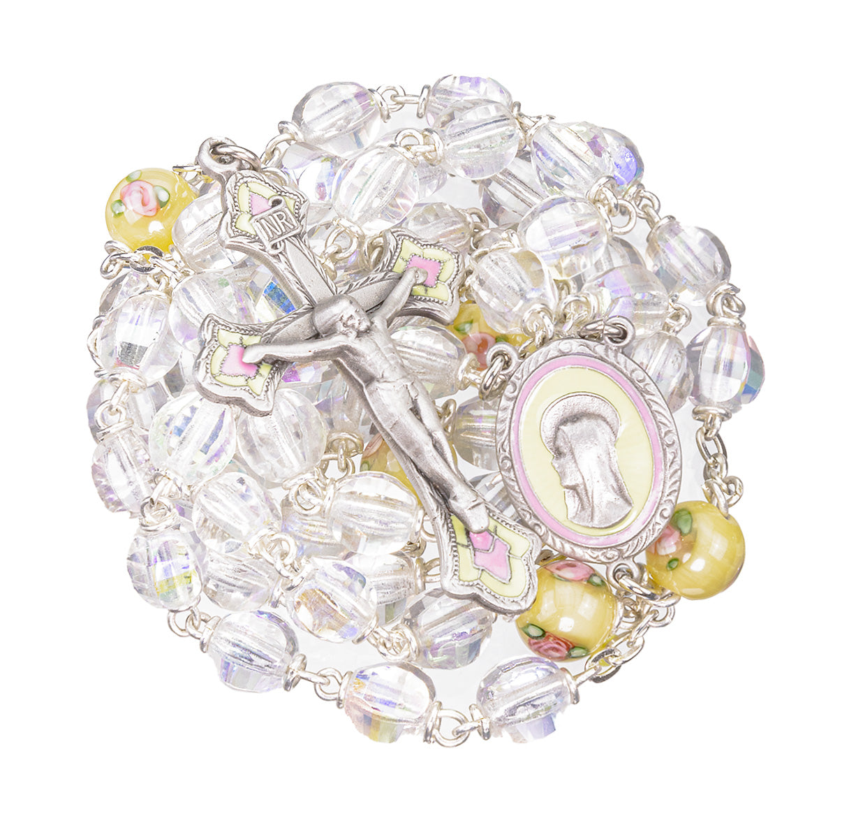 7mm Czech Crystal Aurora Bead Rosary with Yellow flower Glass O.F. Beads & Genuine Pewter Ctr & Cfx