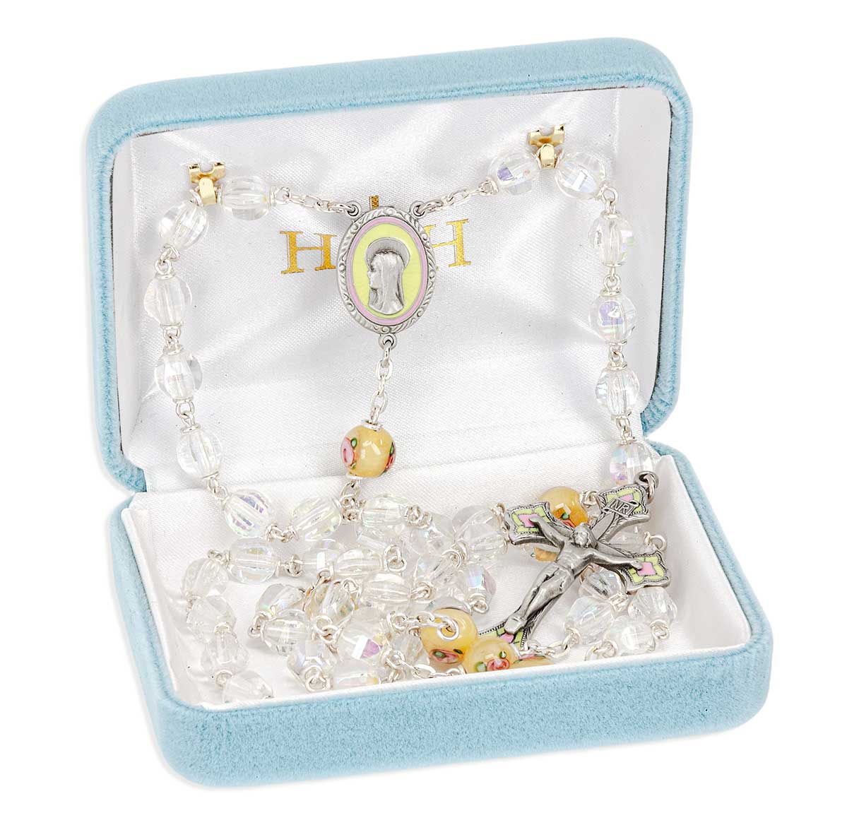 7mm Czech Crystal Aurora Bead Rosary with Yellow flower Glass O.F. Beads & Genuine Pewter Ctr & Cfx