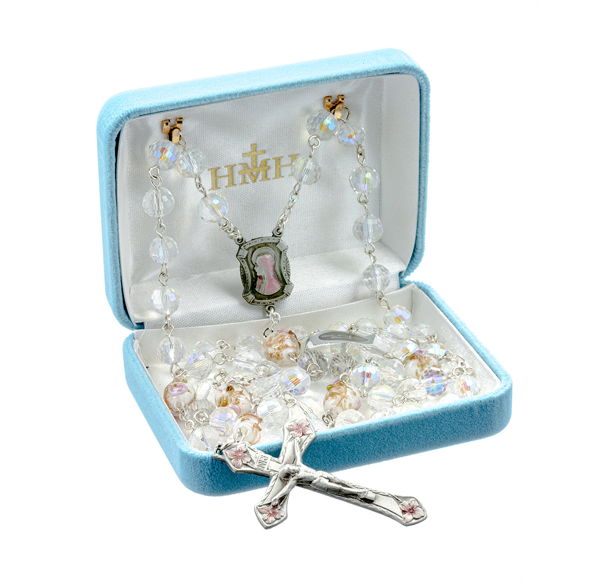 8mm Crystal Rd Cut Rosary w/ White & Pink O.F. Beads & Genuine New England Pewter Ctr & Cfx-(P366PK/P159PK)-Bxd