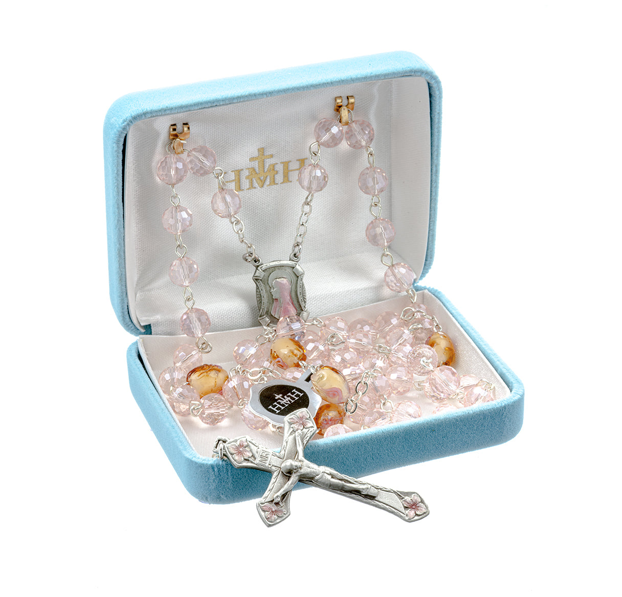 8mm Multi-Color Crystal Rd Cut Rosary w/ Pink & Gold O.F. Beads & Genuine New England Pewter Ctr & Cfx-(P366PK/P159PK)-Bxd
