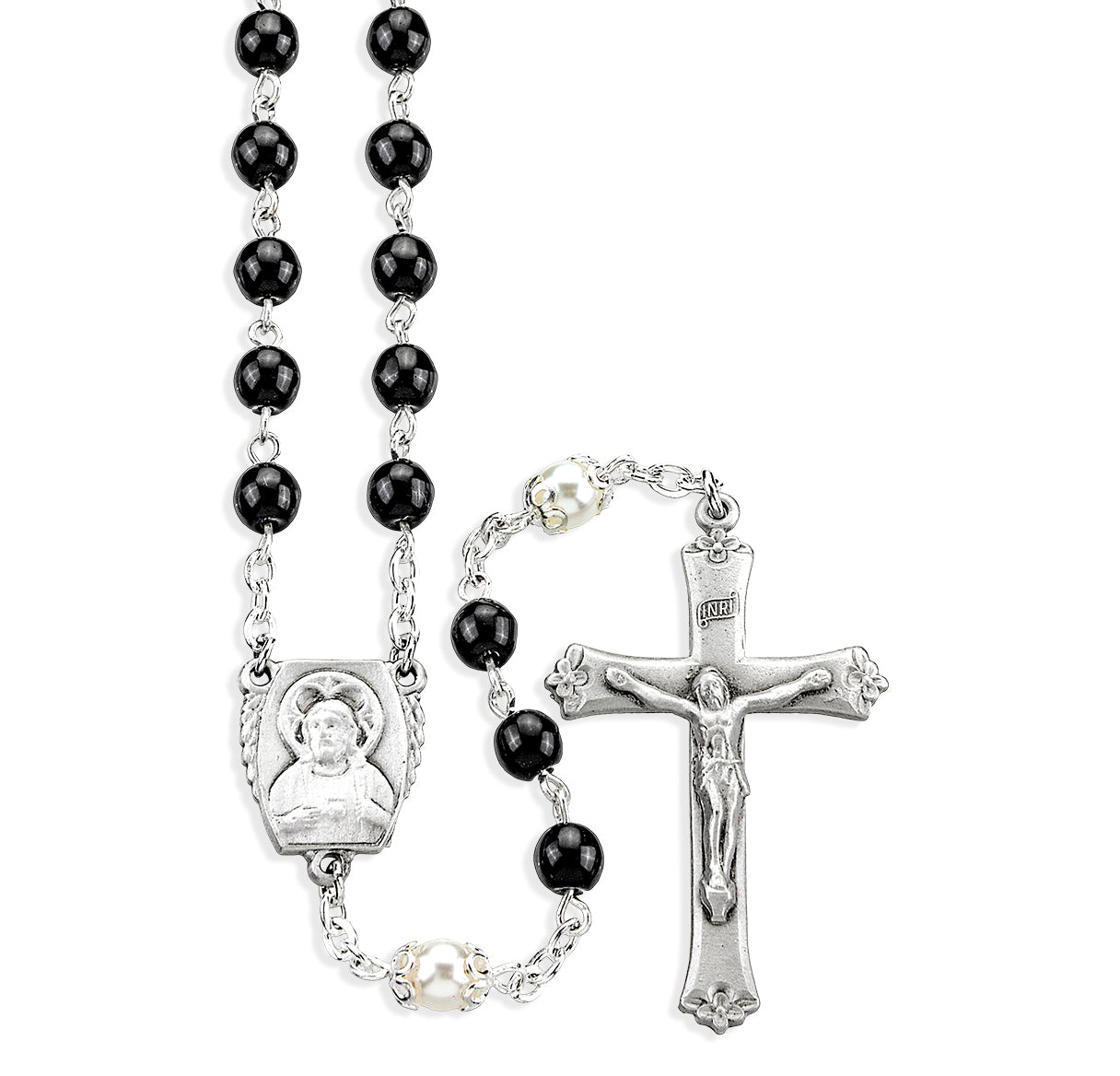Black 5mm Czech Glass Rosary W/ White Capped O.F. Beads and Genuine Pewter Crucifix & Center (P70/P145)-Bxd