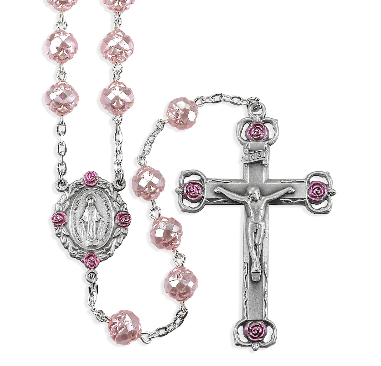 Rosebud 8mm Glass Czech Beads in Pink Color W/ Genuine Pewter Rosebud Crucifix and Centerpiece-(P212PK/P51312PK)-Bxd