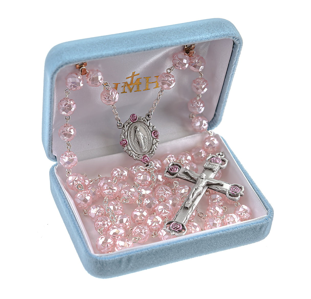 Rosebud 8mm Glass Czech Beads in Pink Color W/ Genuine Pewter Rosebud Crucifix and Centerpiece-(P212PK/P51312PK)-Bxd