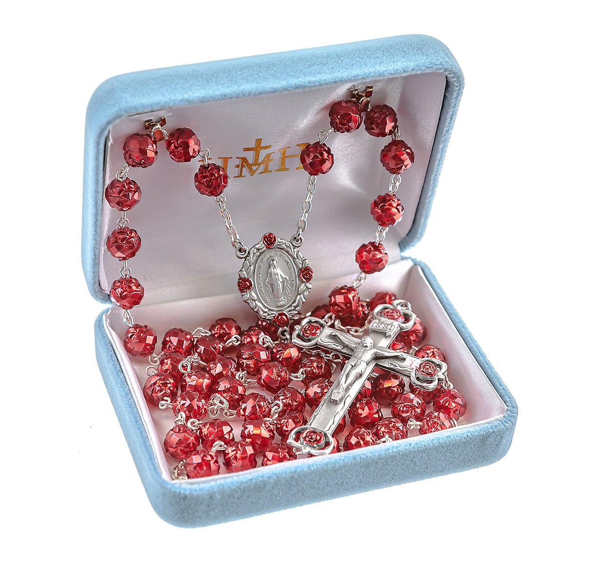 Rosebud 8mm Glass Czech Beads in Red Color W/ Genuine Pewter Rosebud Crucifix and Centerpiece-(P212RD/P51312RD)-Bxd