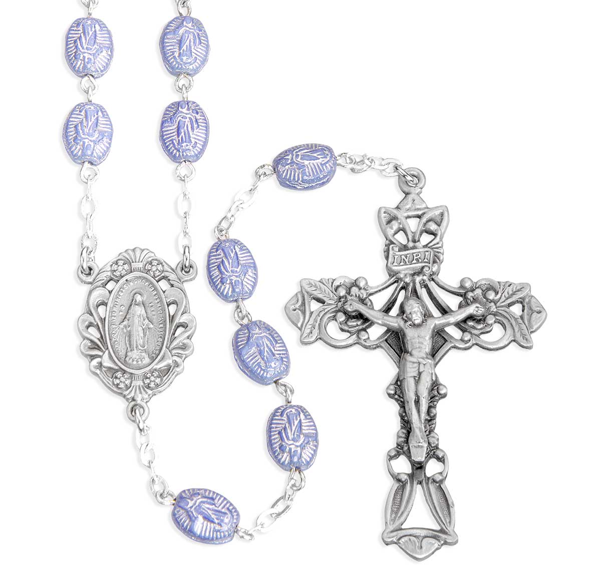 Blue 8 x 6mm Czech Glass Moleene Bead Rosary with Genuine Pewter Ctr & Cfx