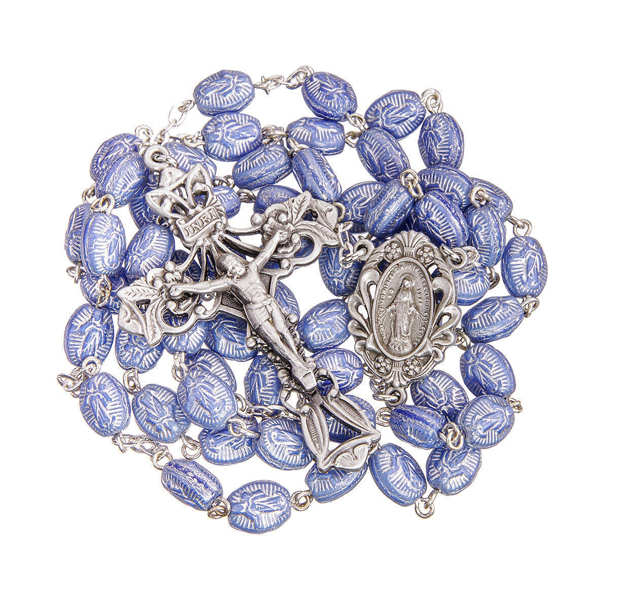 Blue 8 x 6mm Czech Glass Moleene Bead Rosary with Genuine Pewter Ctr & Cfx