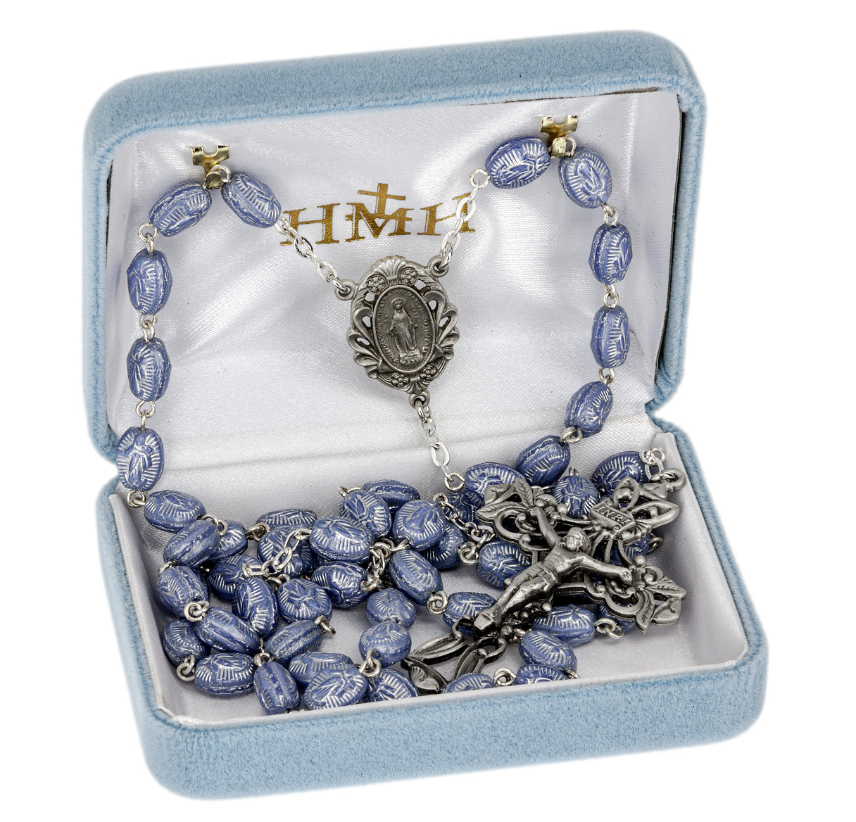 Blue 8 x 6mm Czech Glass Moleene Bead Rosary with Genuine Pewter Ctr & Cfx