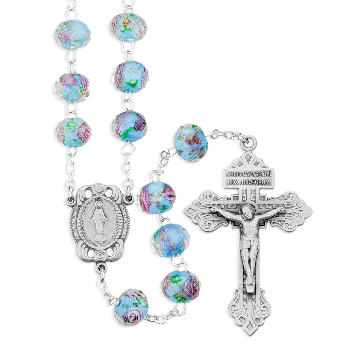 10x8mm Aqua Glass Flower Bead Rosary with Genuine Pewter Crucifix and Center