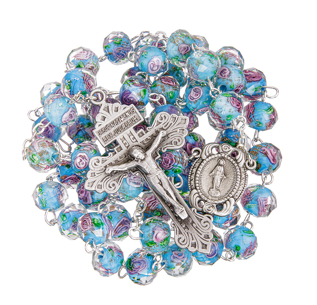 10x8mm Aqua Glass Flower Bead Rosary with Genuine Pewter Crucifix and Center
