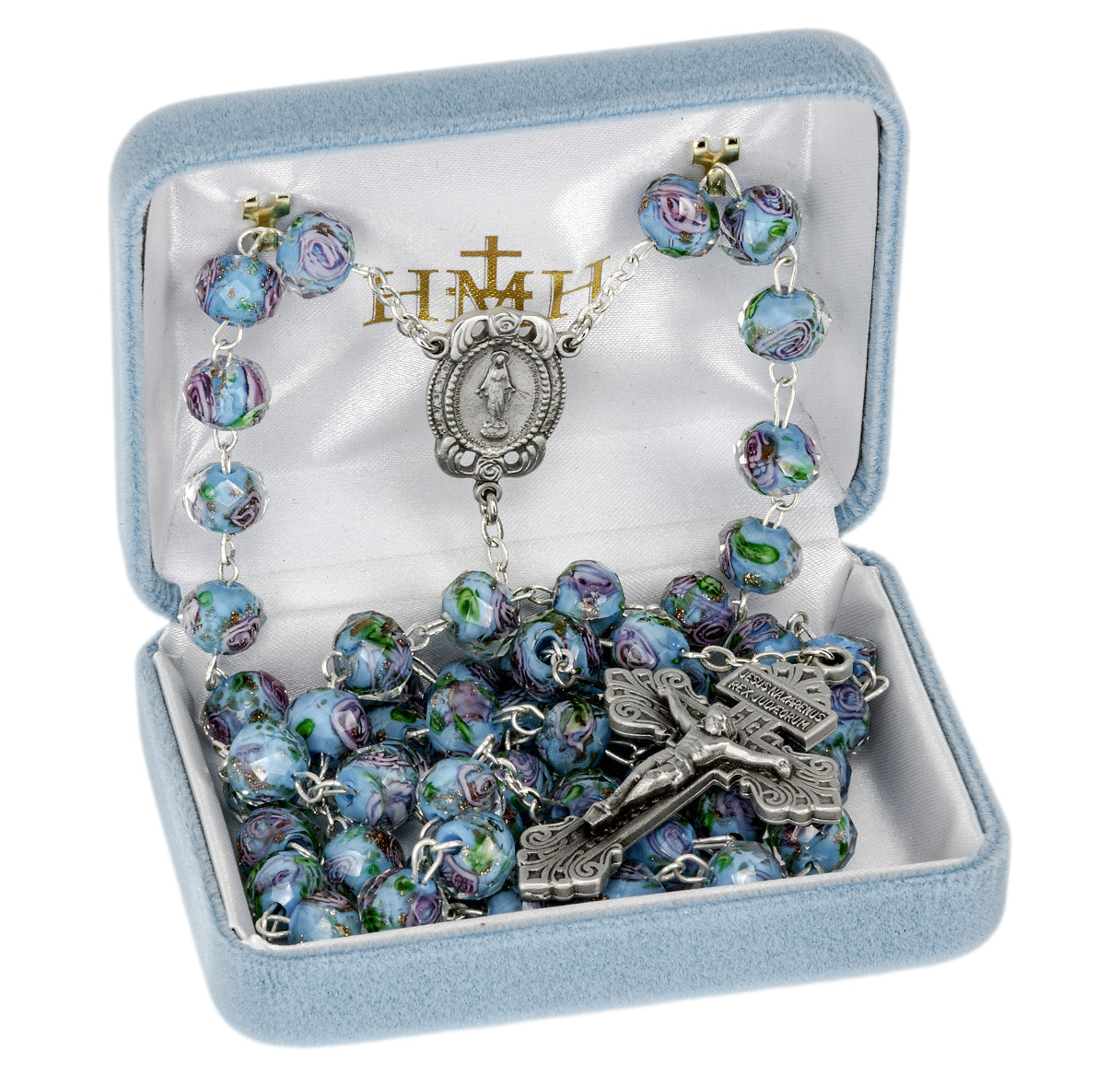 10x8mm Aqua Glass Flower Bead Rosary with Genuine Pewter Crucifix and Center
