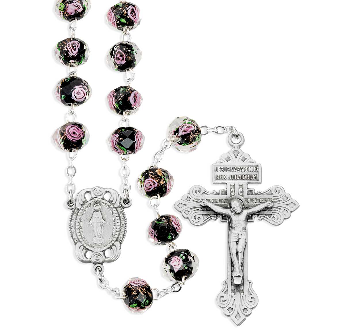10x8mm Black Glass Flower Bead Rosary with Genuine Pewter Crucifix and Center