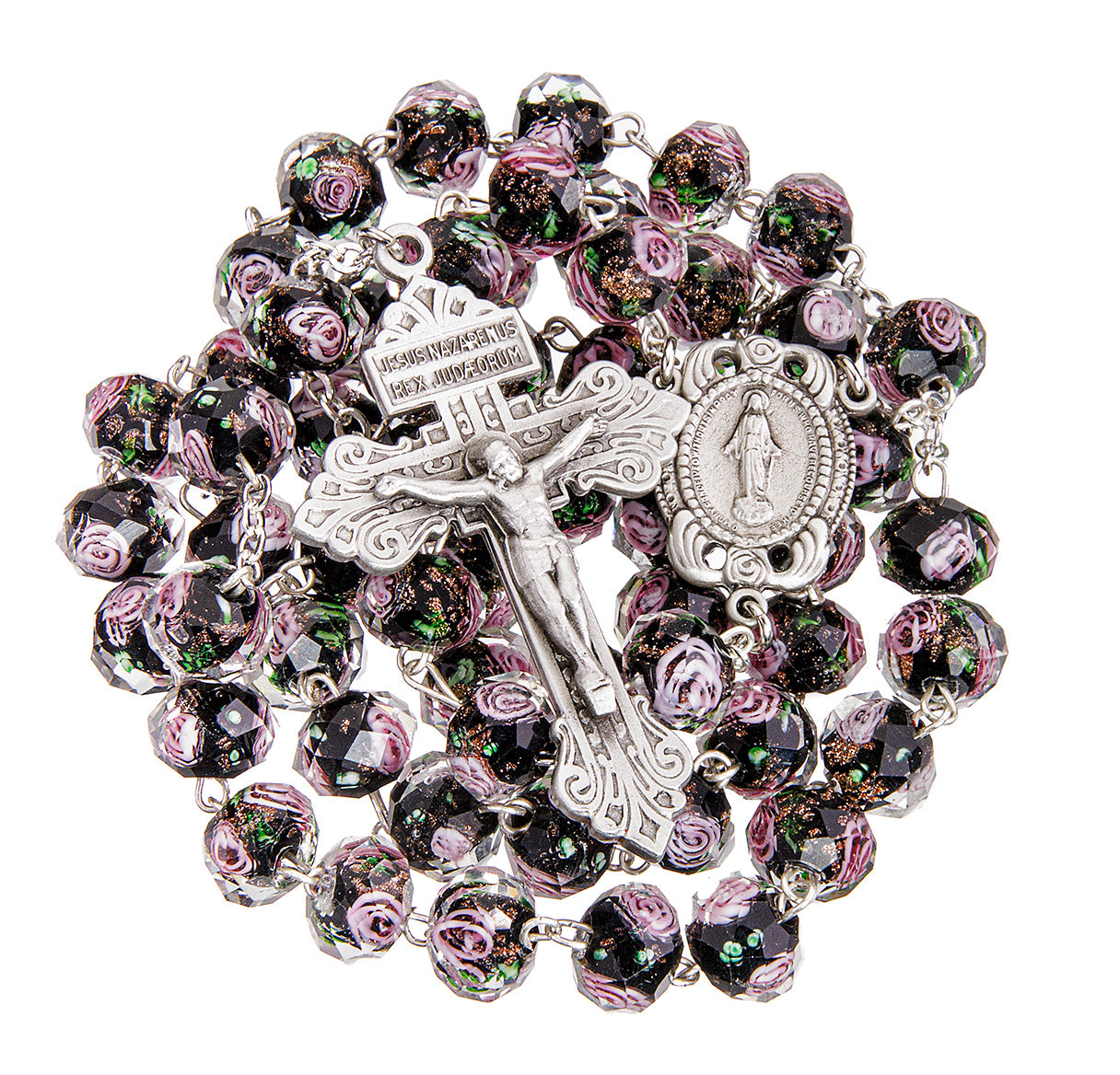 10x8mm Black Glass Flower Bead Rosary with Genuine Pewter Crucifix and Center