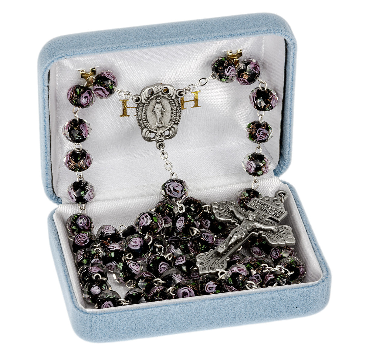 10x8mm Black Glass Flower Bead Rosary with Genuine Pewter Crucifix and Center