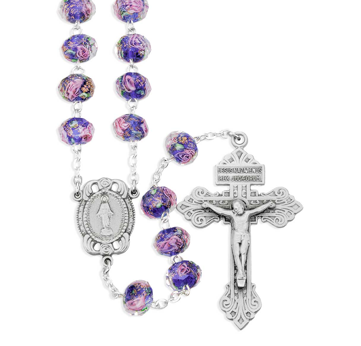 10x8mm Sapphire Glass Flower Bead Rosary with Genuine Pewter Crucifix and Center