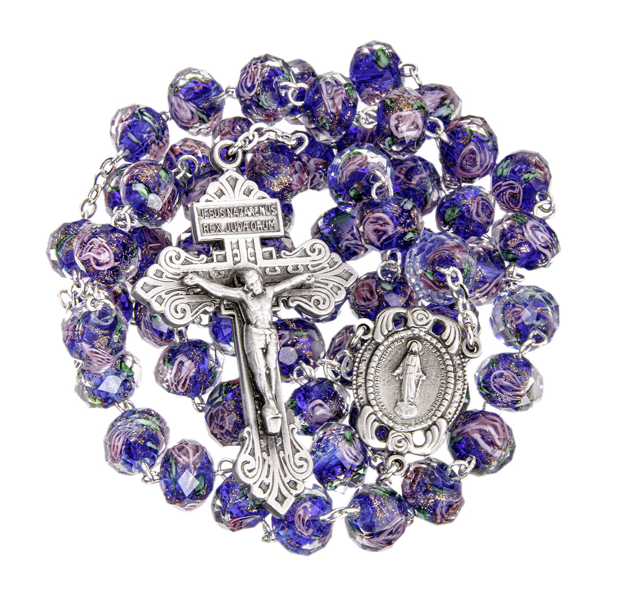10x8mm Sapphire Glass Flower Bead Rosary with Genuine Pewter Crucifix and Center