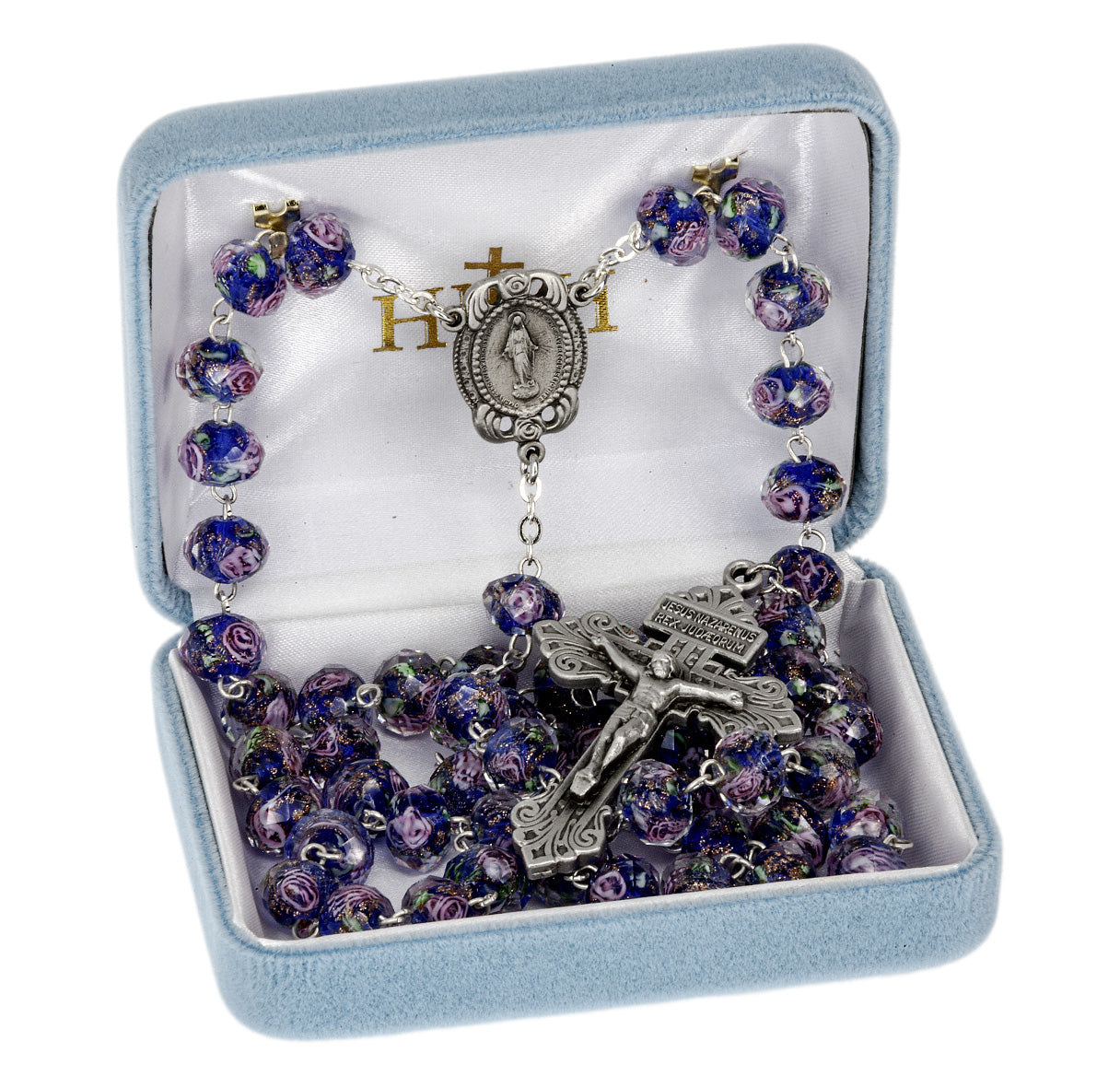 10x8mm Sapphire Glass Flower Bead Rosary with Genuine Pewter Crucifix and Center