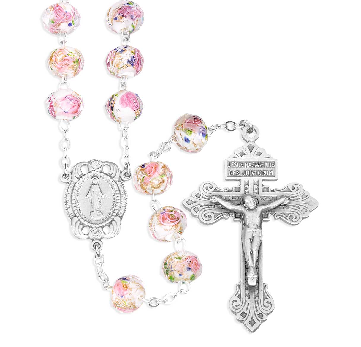 10 x 8mm White Glass Flower Bead Rosary with Genuine Pewter Crucifix and Center