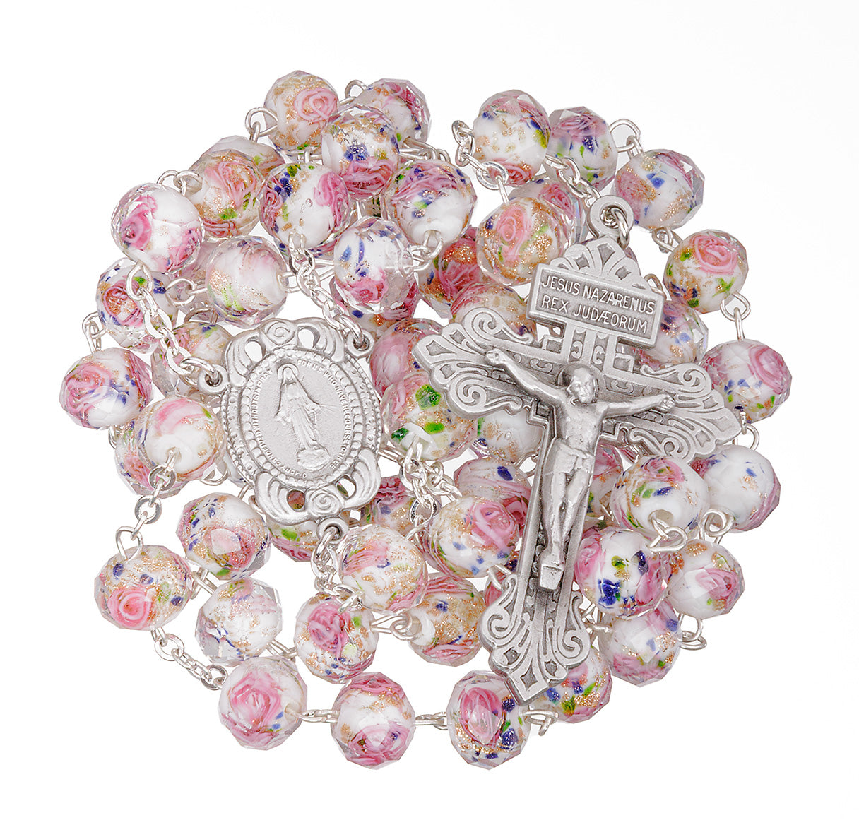 10 x 8mm White Glass Flower Bead Rosary with Genuine Pewter Crucifix and Center