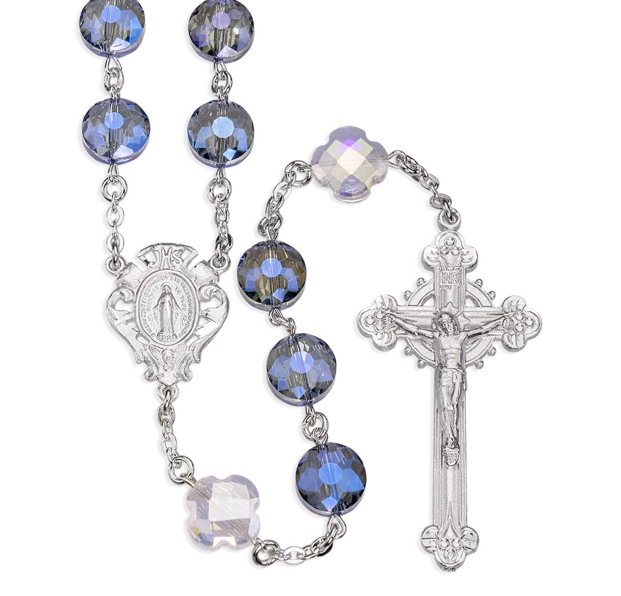 Crystal Ink Blue Rosary in Faceted 10mm Beads and Crystal Cross Pater O.F Beads with Pewter Crucifix & Center
