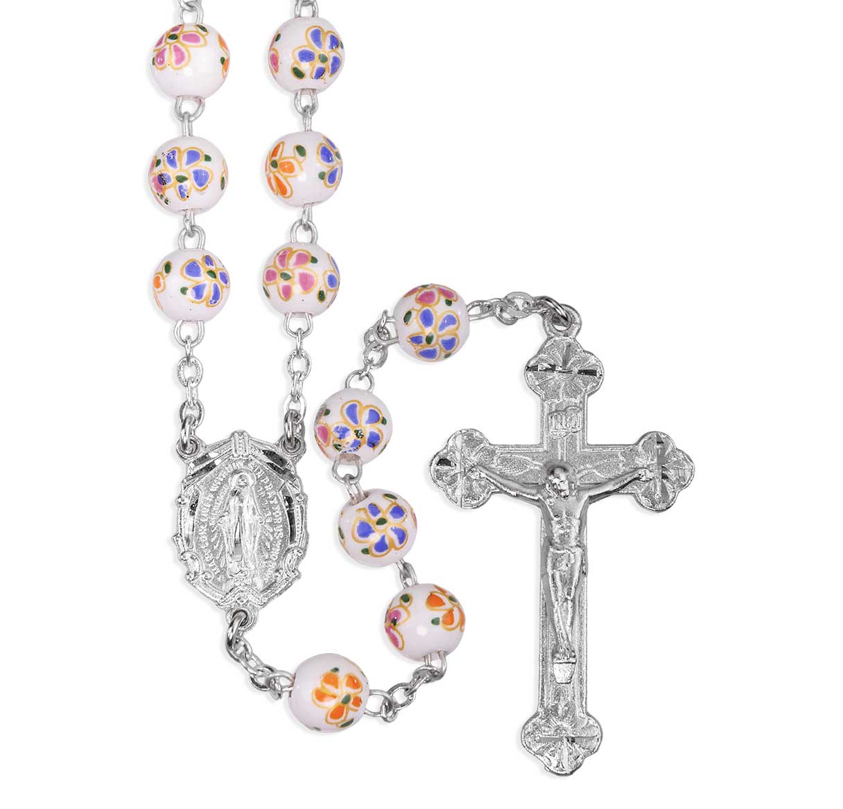 8mm White/Orange Porcelain Bead Rosary W/ Pewter Silver Plated and Engraved Ctr & Cfx-(P28113B/P116B)-Bxd