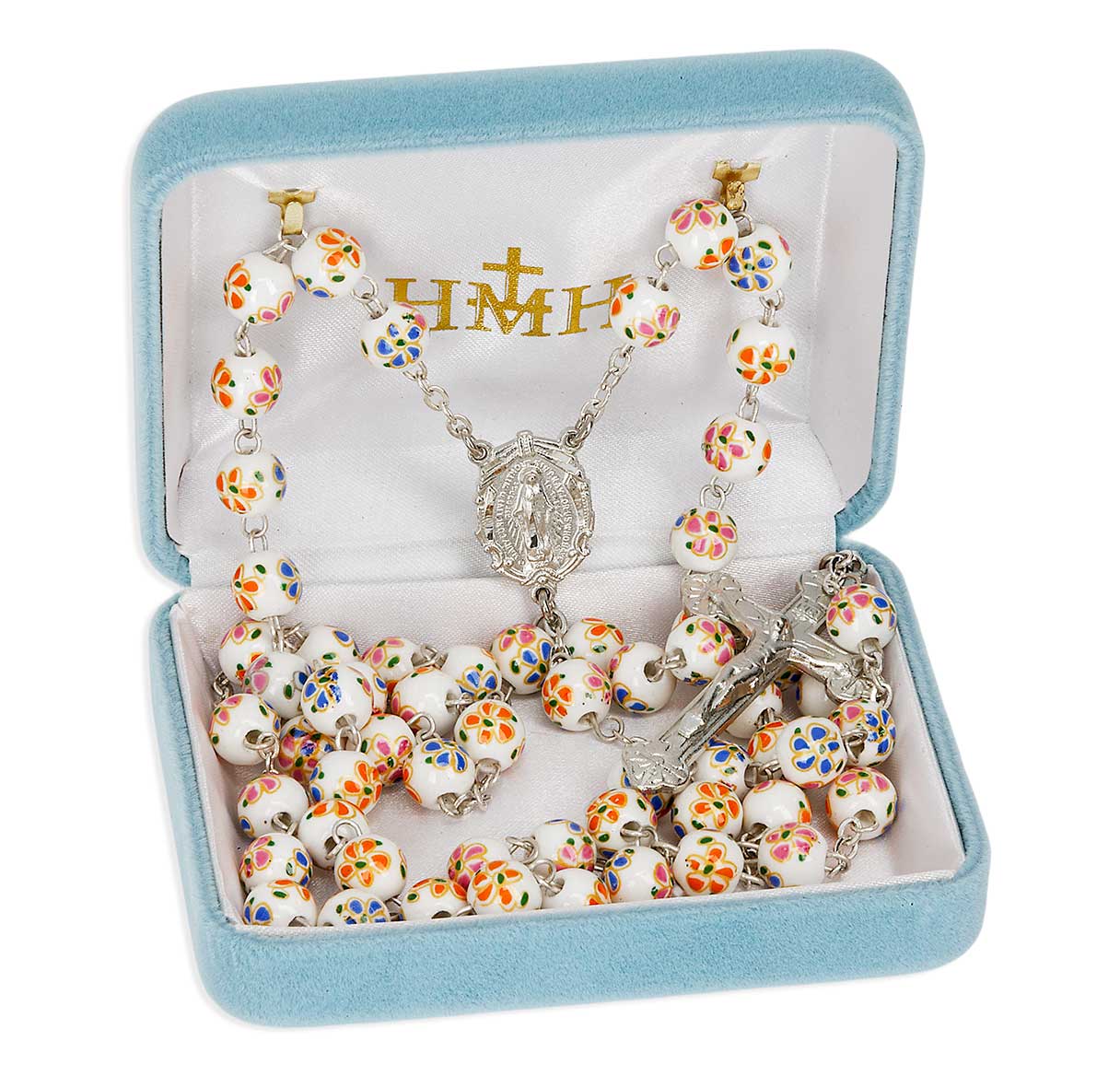 8mm White/Orange Porcelain Bead Rosary W/ Pewter Silver Plated and Engraved Ctr & Cfx-(P28113B/P116B)-Bxd
