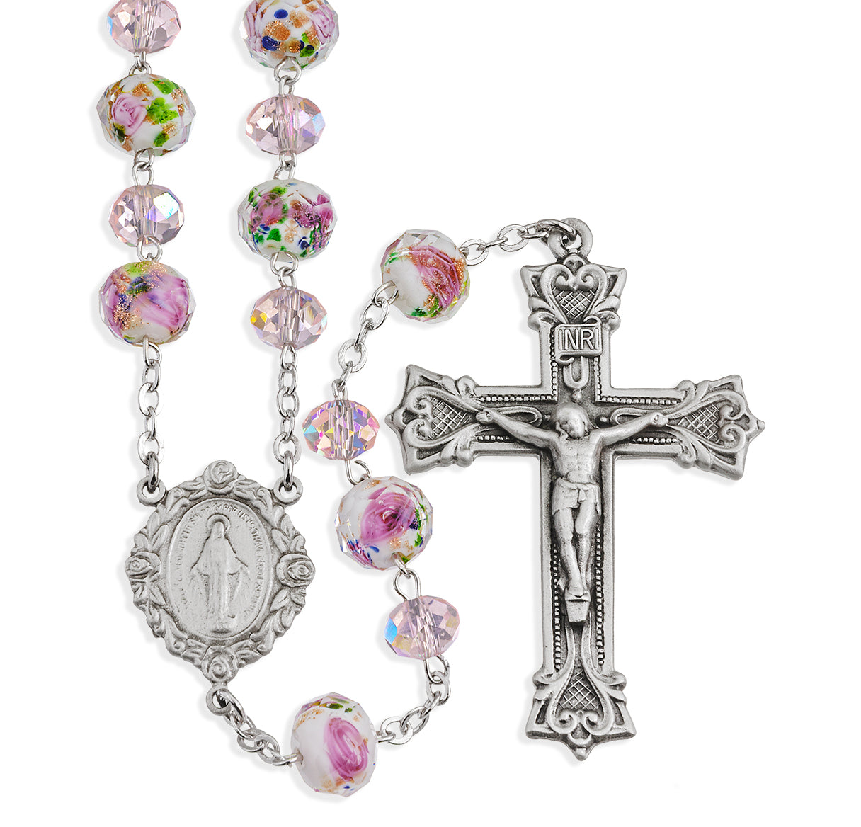 White and Pink Glass Flower Bead New England Pewter Rosary
