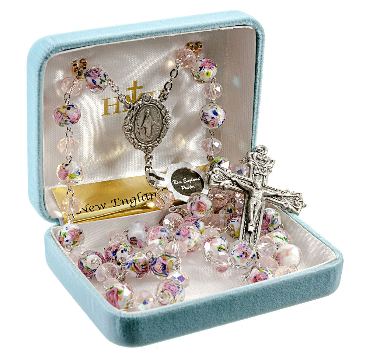 White and Pink Glass Flower Bead New England Pewter Rosary