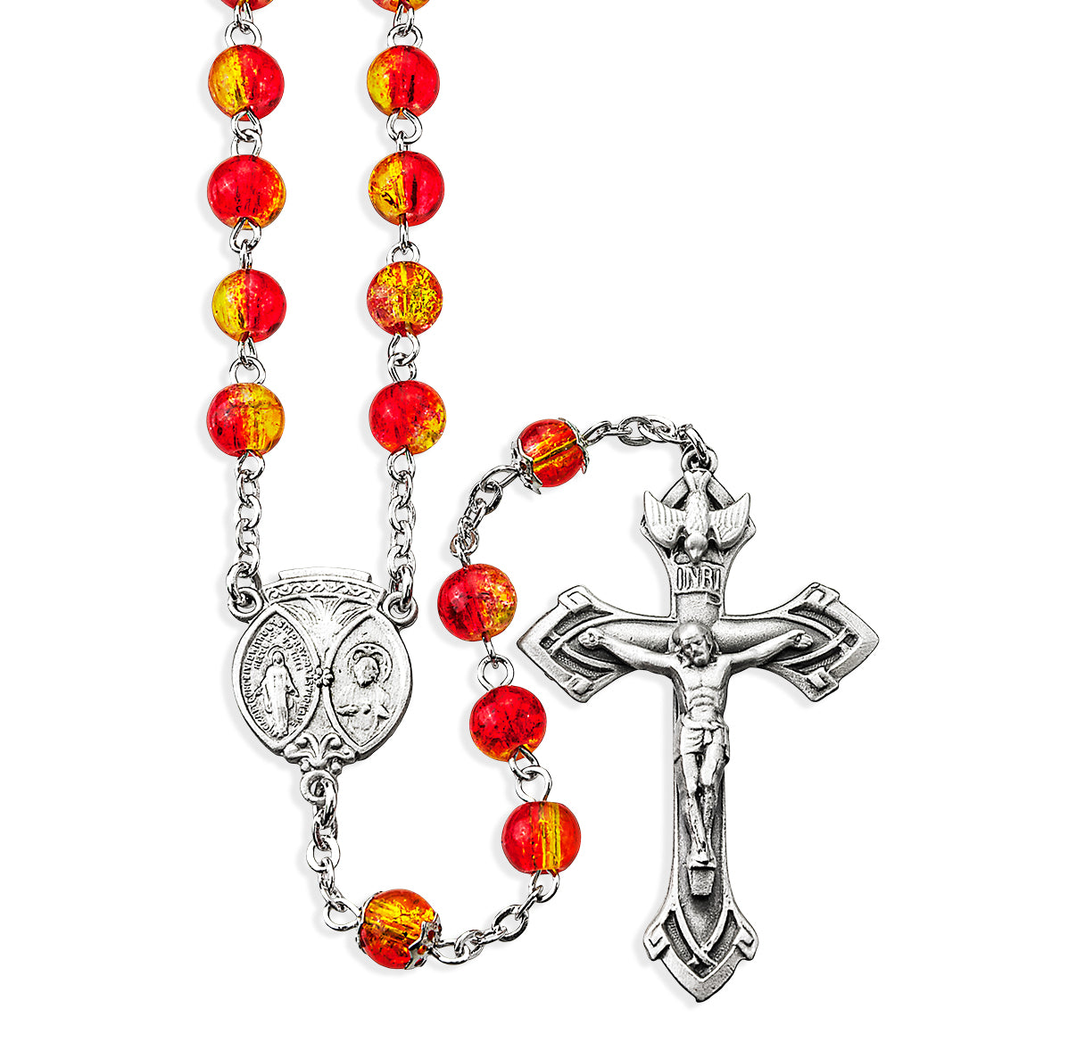 6mm Gold/Red crackle bead New England pewter rosary center and crucifix (33/163)-Bxd
