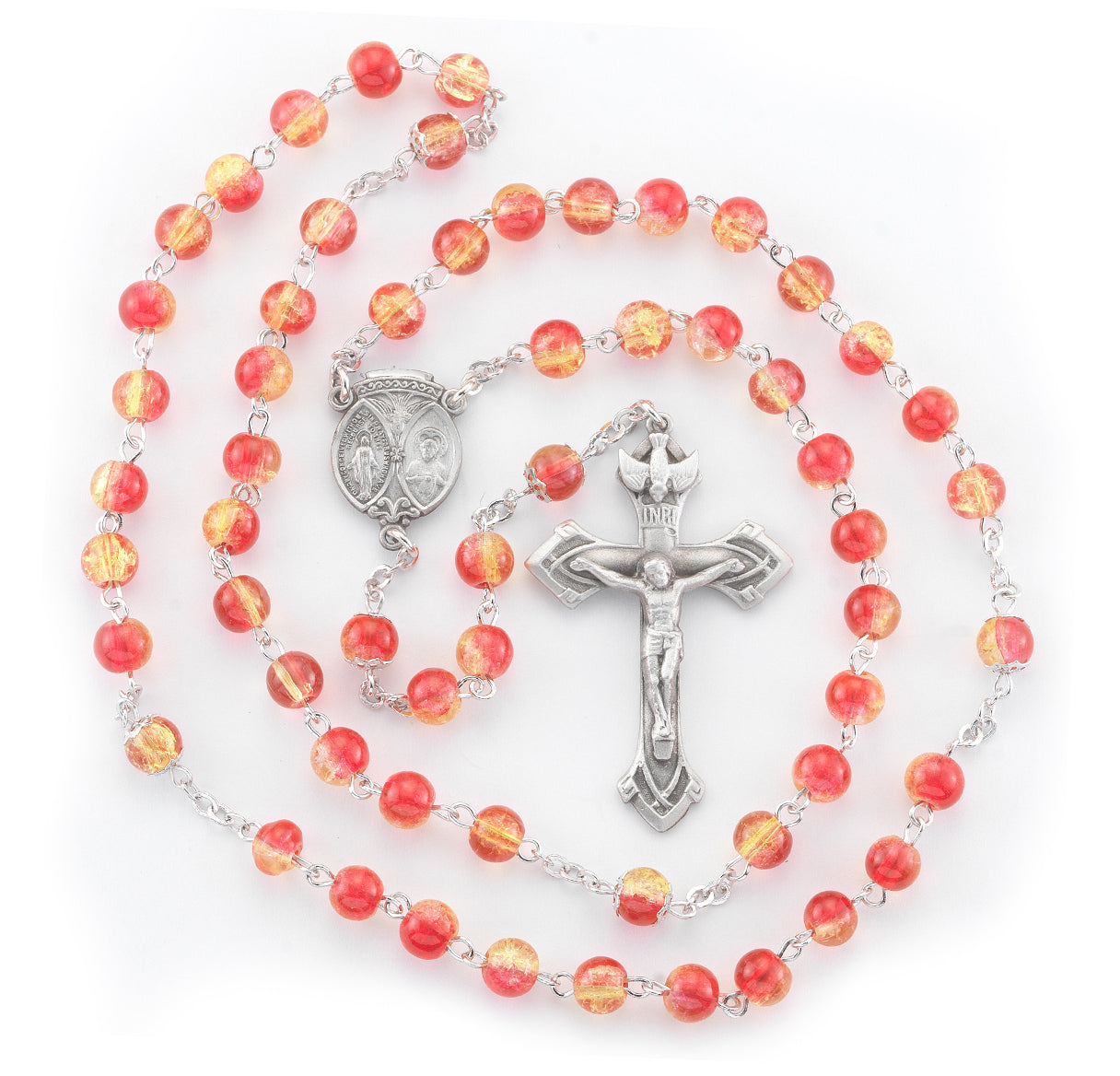 6mm Gold/Red crackle bead New England pewter rosary center and crucifix (33/163)-Bxd