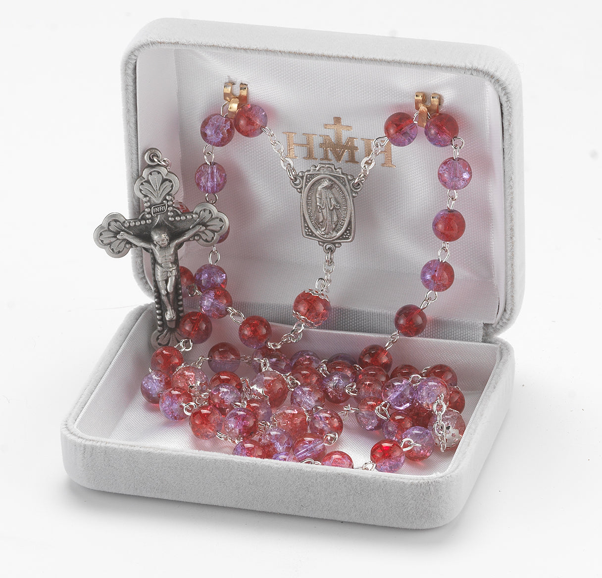 6mm Ruby Amethyst Crackle Glass Bead with New England Pewter Crucifix and Center