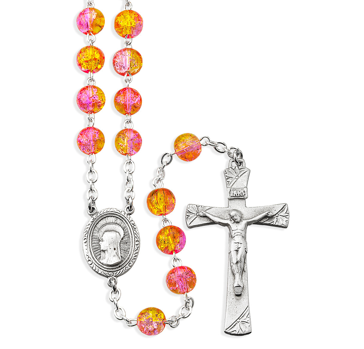 7mm Yellow/Pink Crackle Bead Rosary W/ Pewter Cfx & Ctr-( P368/P118)-Bxd