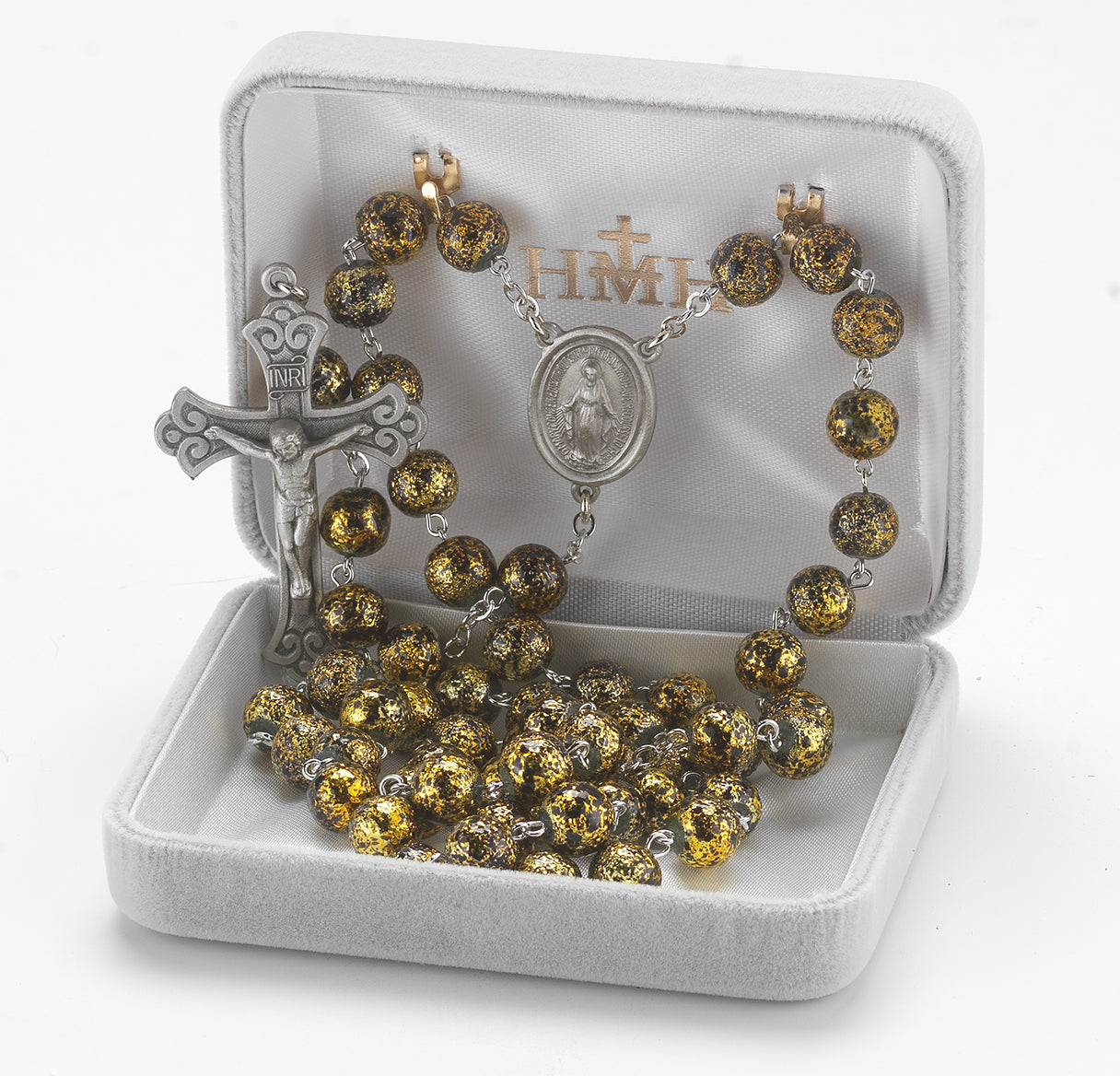 8mm Gold/Black lava glass bead New England pewter rosary with center and crucifix (30/160)-Bxd