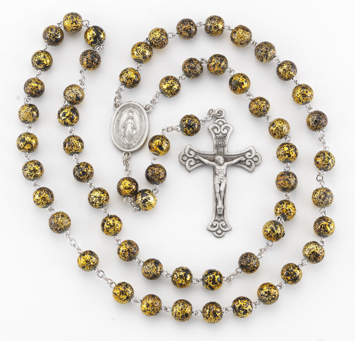 8mm Gold/Black lava glass bead New England pewter rosary with center and crucifix (30/160)-Bxd
