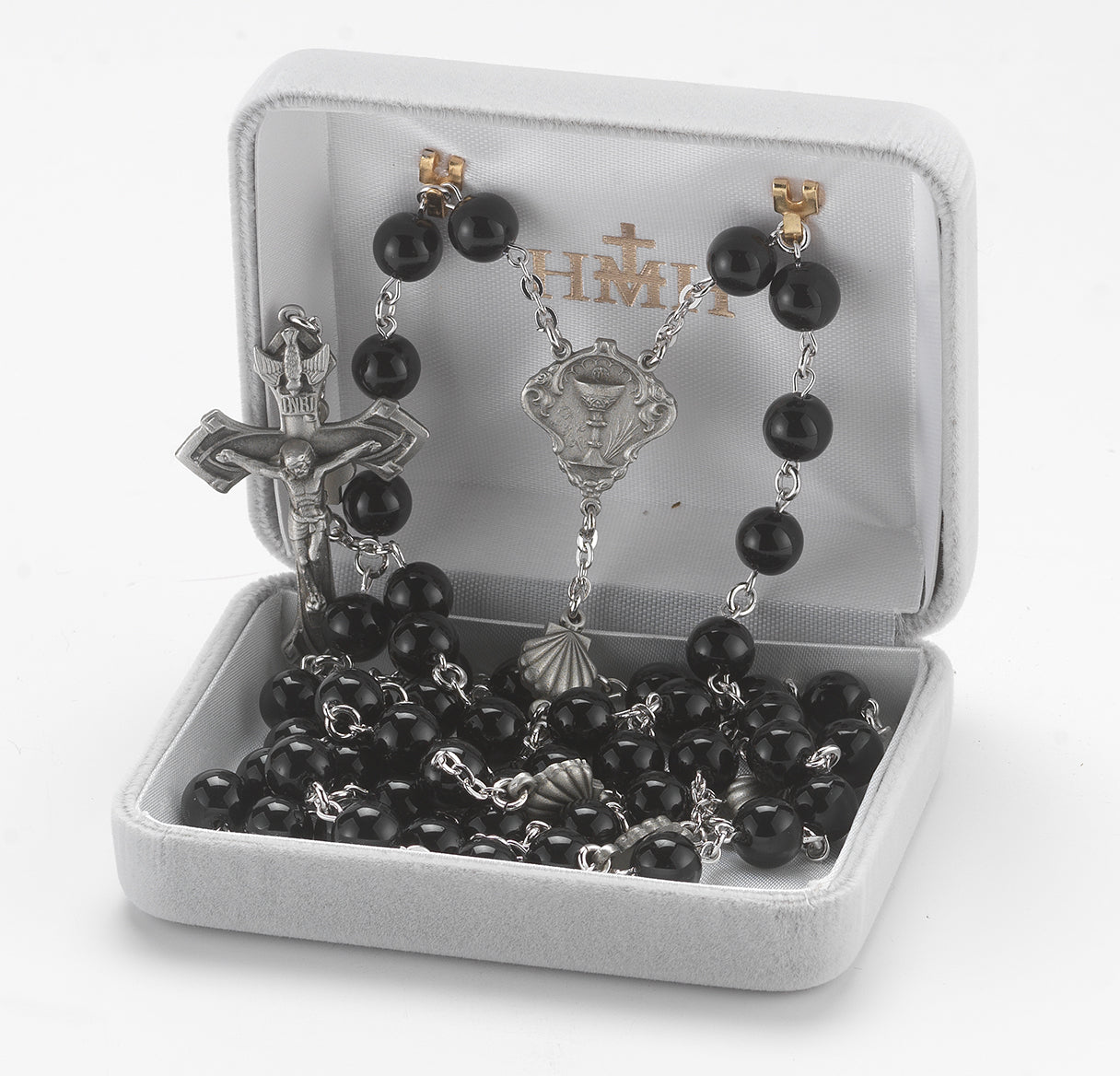 8mm Round Onyx bead New England pewter rosary made with sea shell (P1395) O.F. Beads, center and crucifix (P386/P163)-Bxd