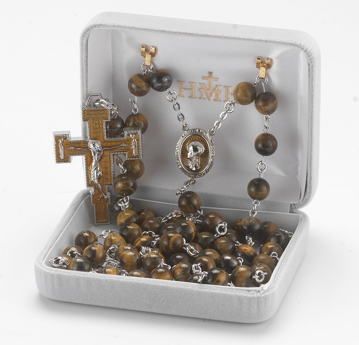 8mm Round tiger eye bead New England pewter rosary with center and crucifix-(P368Y)(P715Y)-BXD