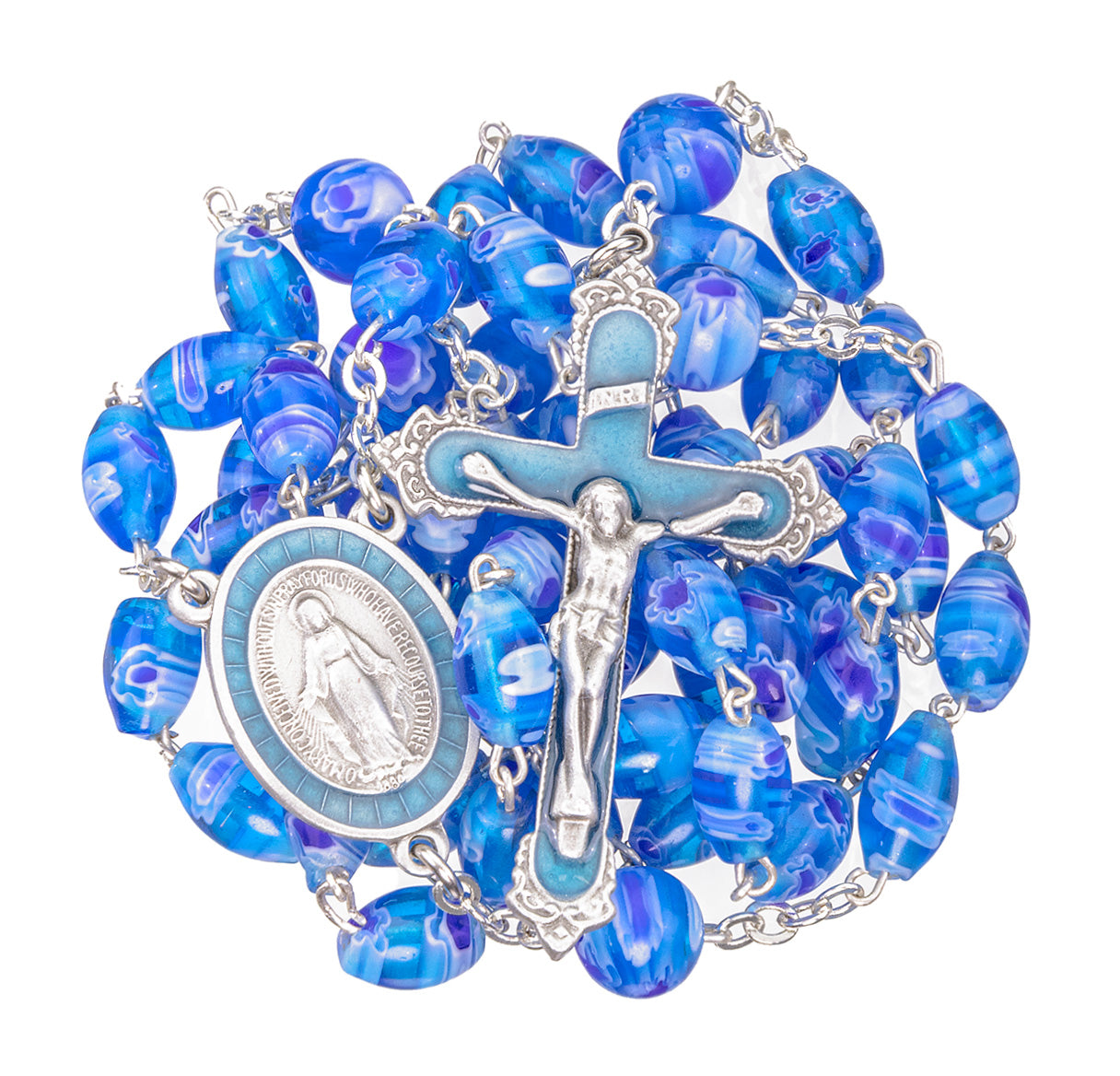 Oval Blue & Aqua Venetian Glass Bead Rosary W/ Pewter Ctr & Pewter Epoxy Crucifix