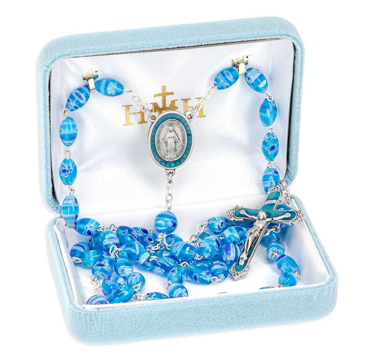 Oval Blue & Aqua Venetian Glass Bead Rosary W/ Pewter Ctr & Pewter Epoxy Crucifix