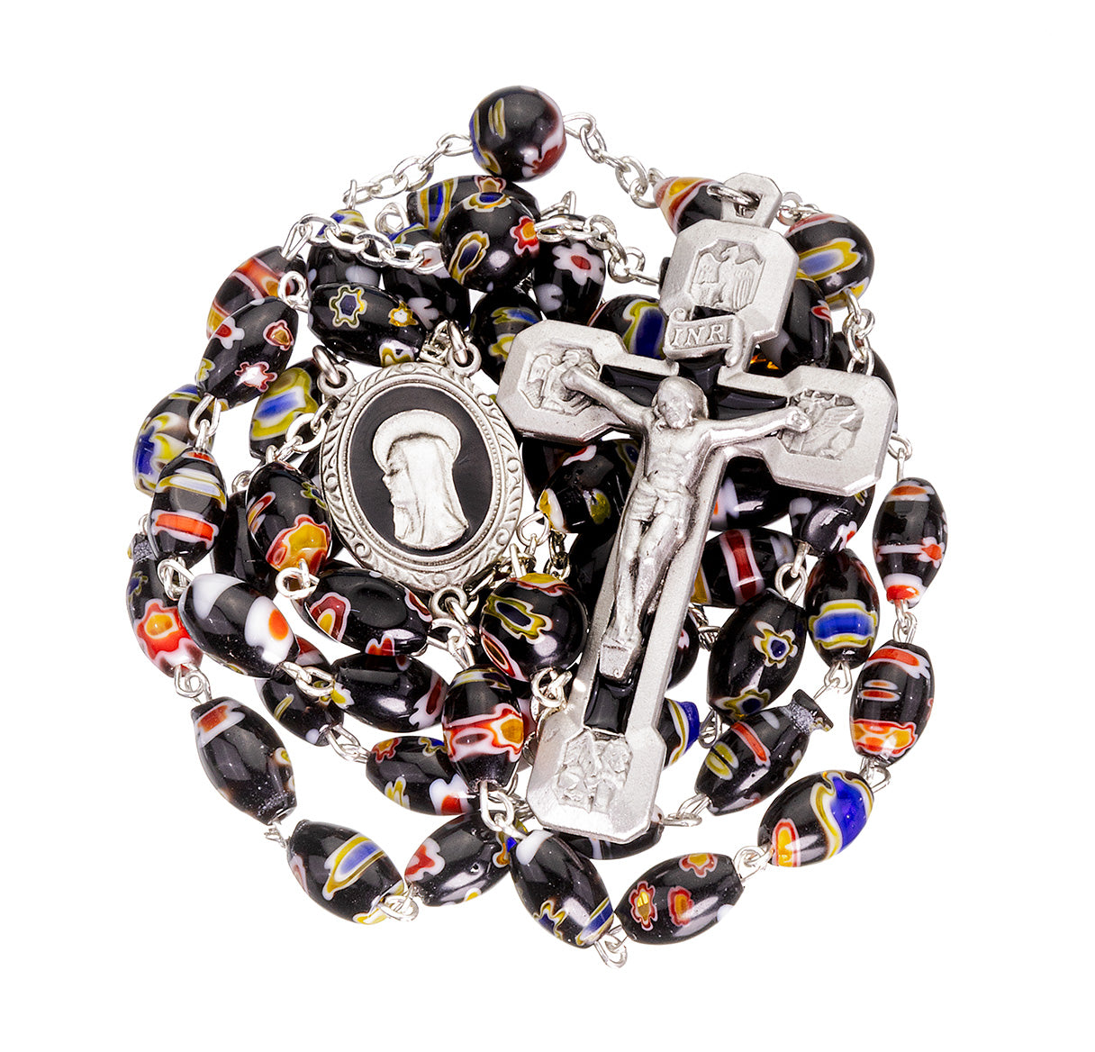 Venetian Glass Black & Multicolored Bead Rosary W/ Pewter Ctr & Pewter Epoxy Cricifix